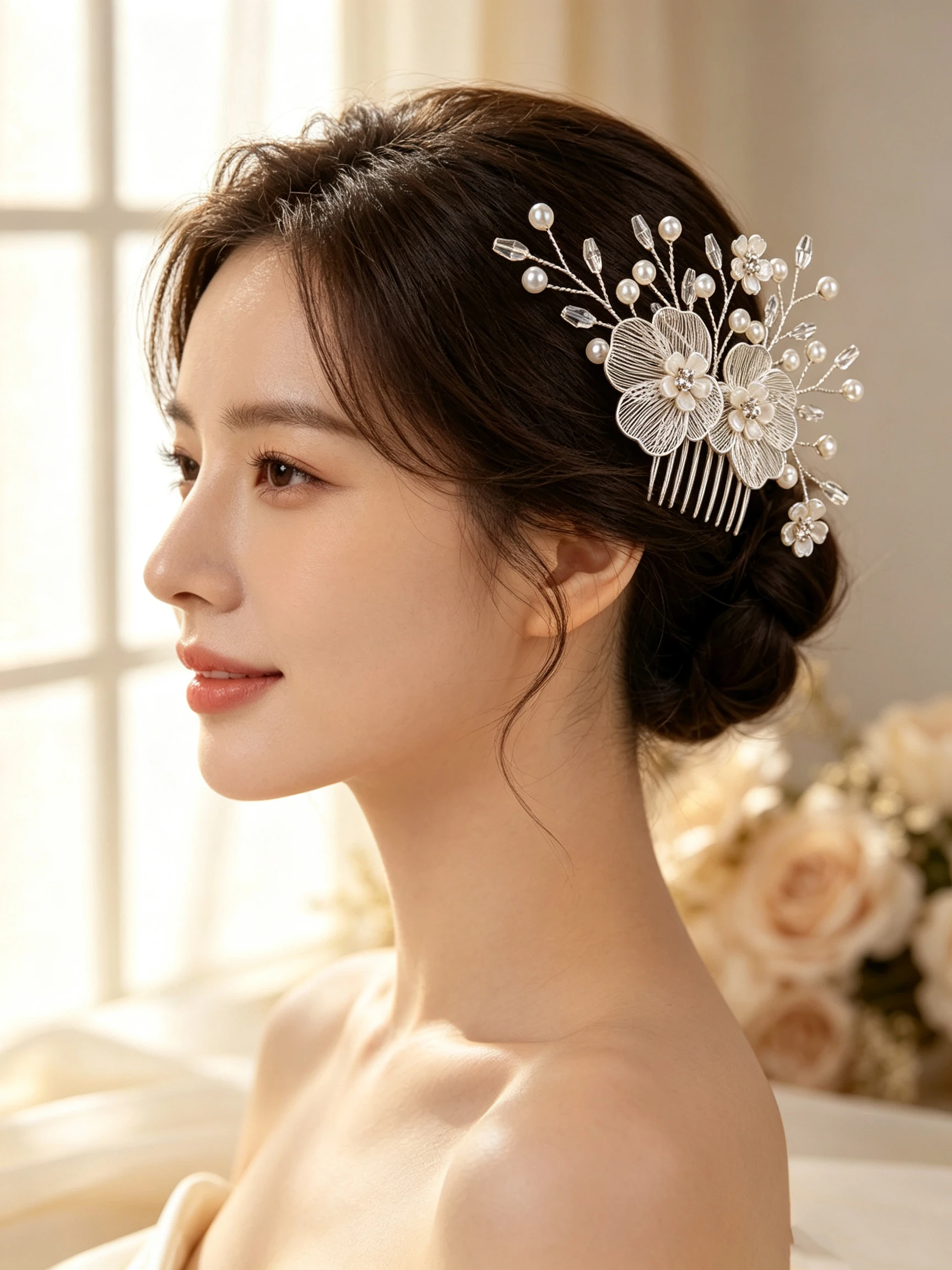 Silver Handmade Flower Pearl Rhinestone Hair Comb Bridal Updo Hair Comb Wedding Dress Photo Styling Headpiece