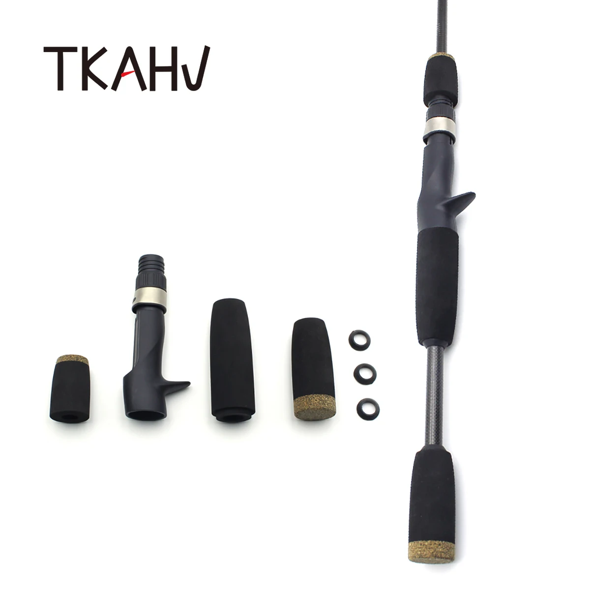 

TKAHV Casting Black EVA Fishing Rod Split Handle Rubber Cork Butt Grip With Reel Seat Pole DIY Repair Building Replacement