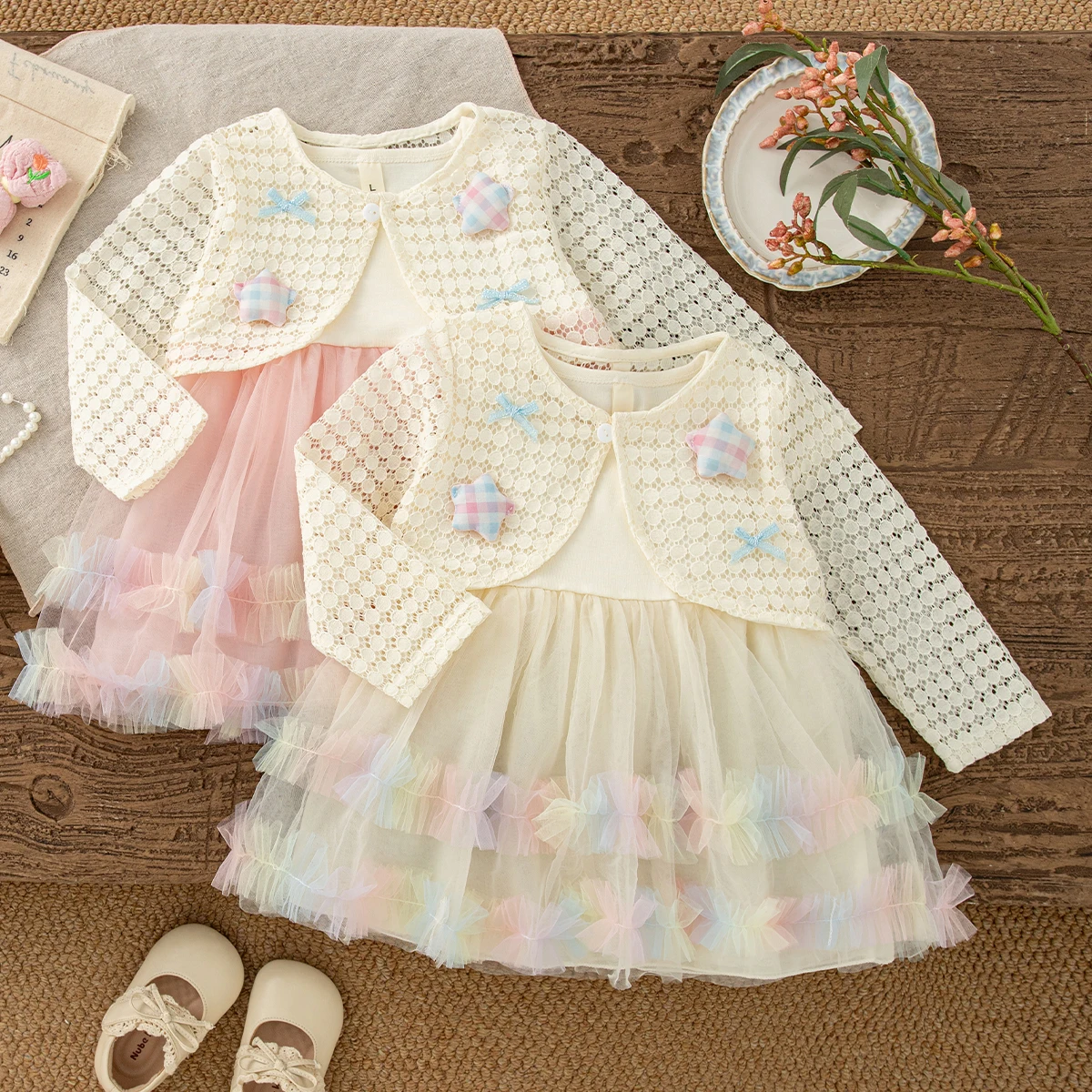 2pc Spring/ Autumn New Baby Girl Dress Set Sweet Cardigan Coat And Vest Dress Sheer Birthday Dress Wedding Flower Girl Dress