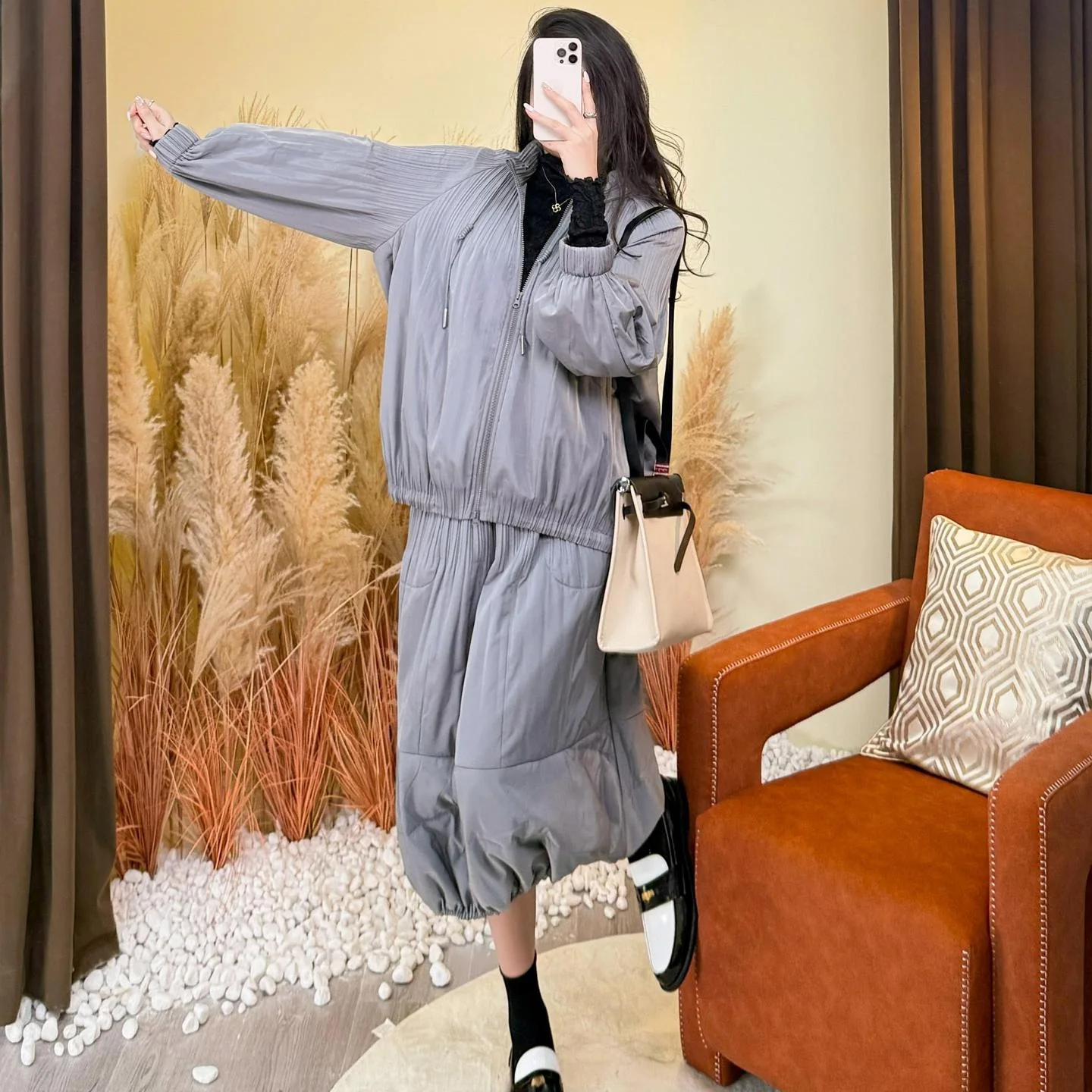 Miyake Pleated Autumn and Winter New 2025 Cotton Suit Set Skirt Cotton Coat Jacket Fashionable Cotton Half Skirt Two-piece Set