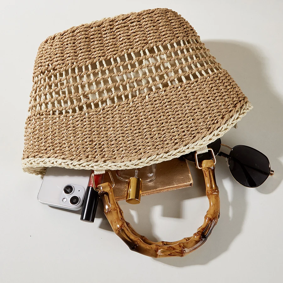 Bamboo Handle Straw Woven Bag for Women Raffia Woven Tote Handbag Summer Mesh Beach Hollow Out Clutch Purse for Vacation Holiday