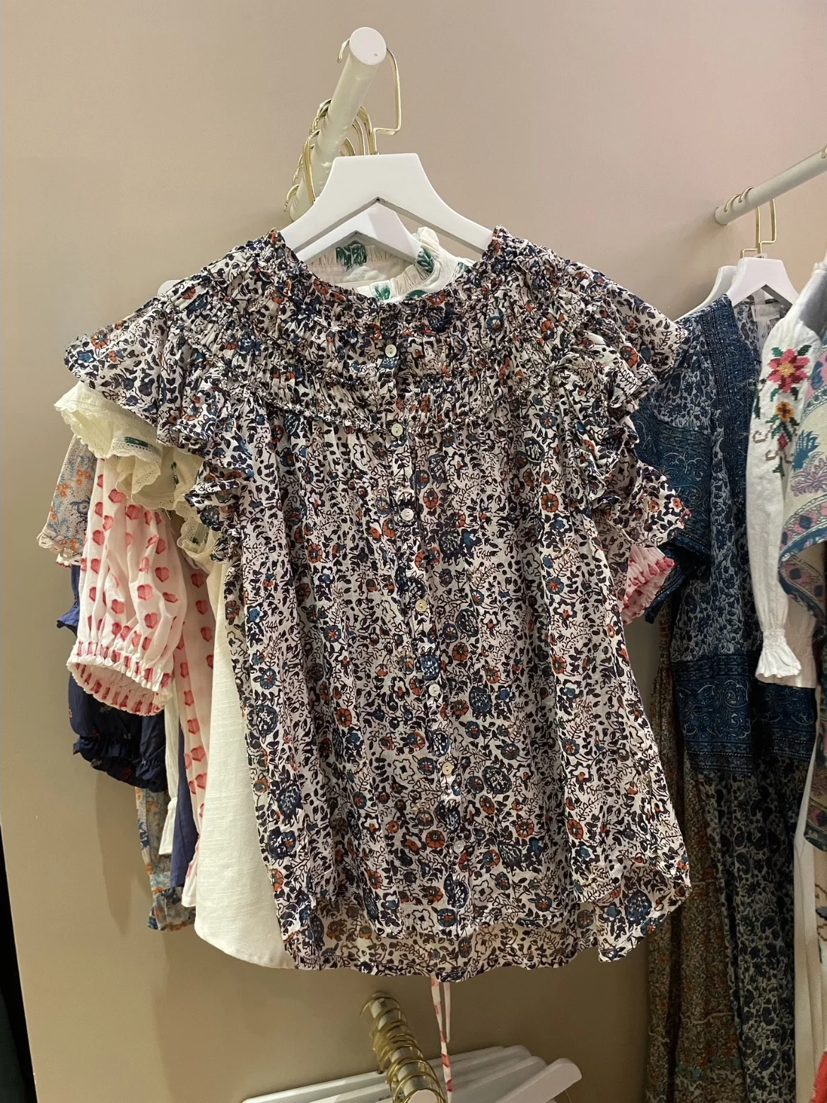 Heidd Floral Print Cotton Shirt Spring Summer round Neck Short Sleeve Gathered Hem Country Style Women's Comfortable Breathab...