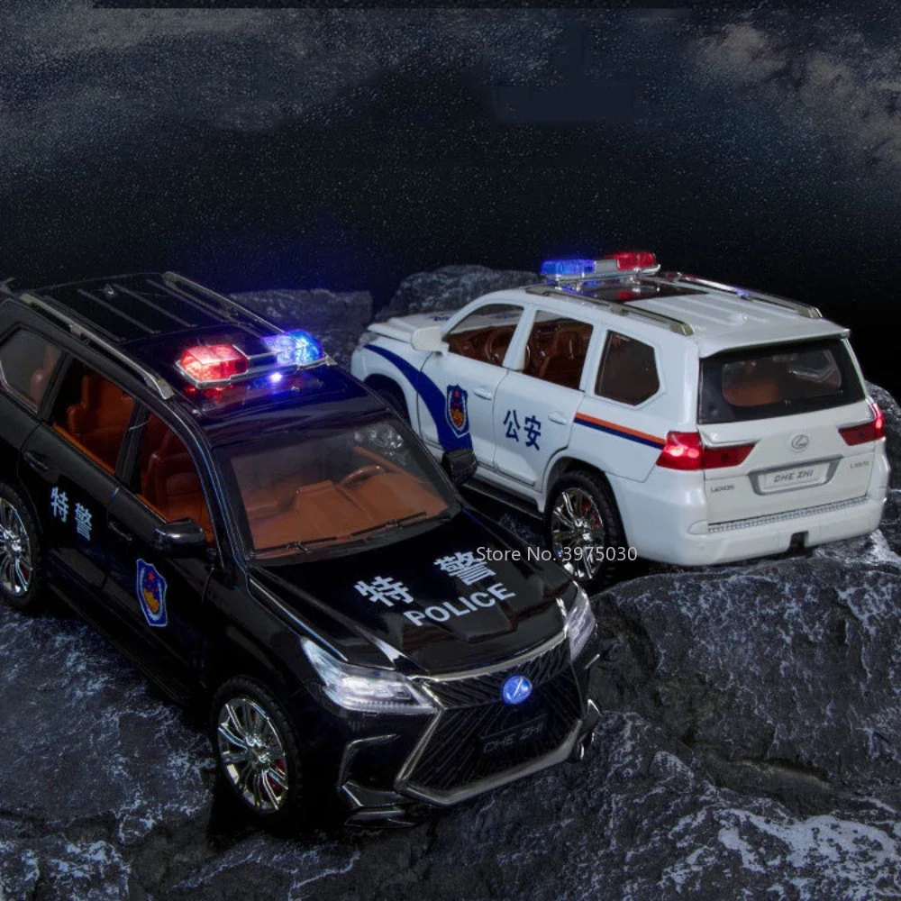 Jouet modèle de voiture de police en alliage pour enfants, véhicule en métal moulé sous pression, son et lumière, côtes arrière, collection de jouets, cadeaux de simulation, LX570, 1:24