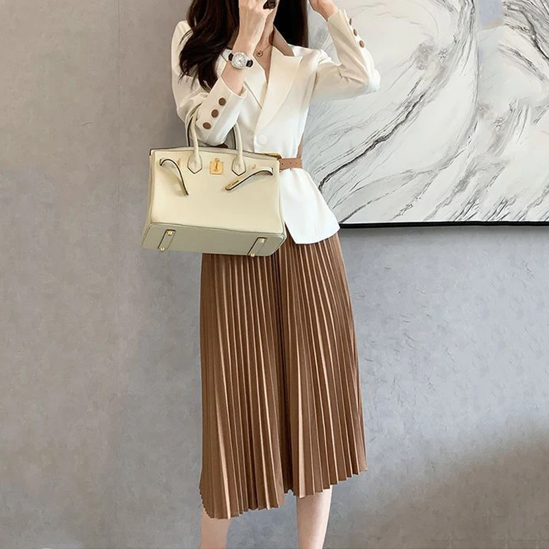 Autumn Winter Two Piece Set for Women Contrast Color Elegant Fashion Belt Office Lady Business Casual Blazer Pleated Midi Skirts