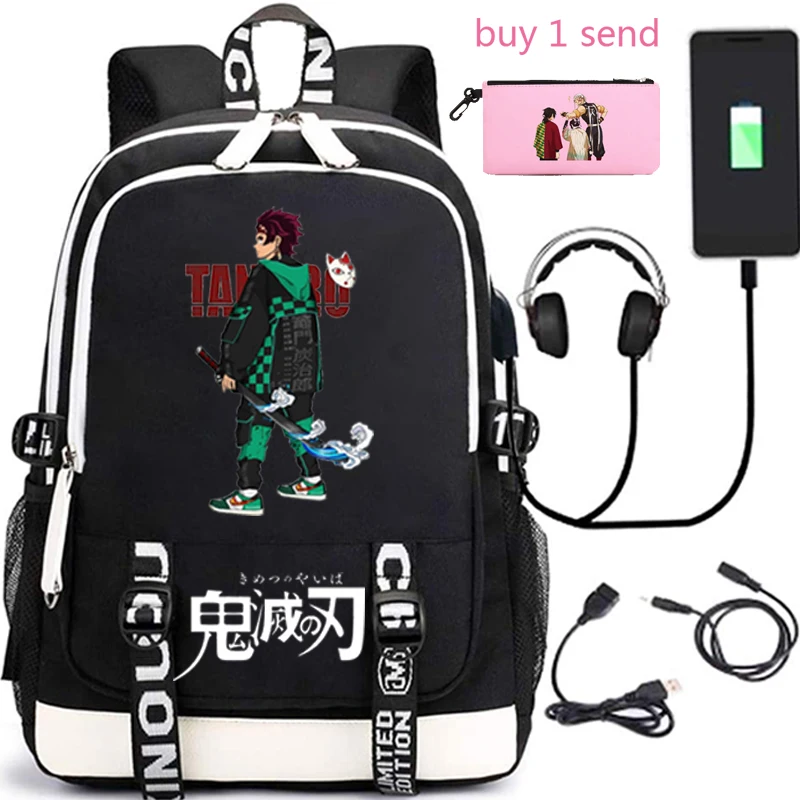 

School bags are suitable for girls, USB charging backpacks, ladies and men's travel laptops, Demon Slayer backpacks