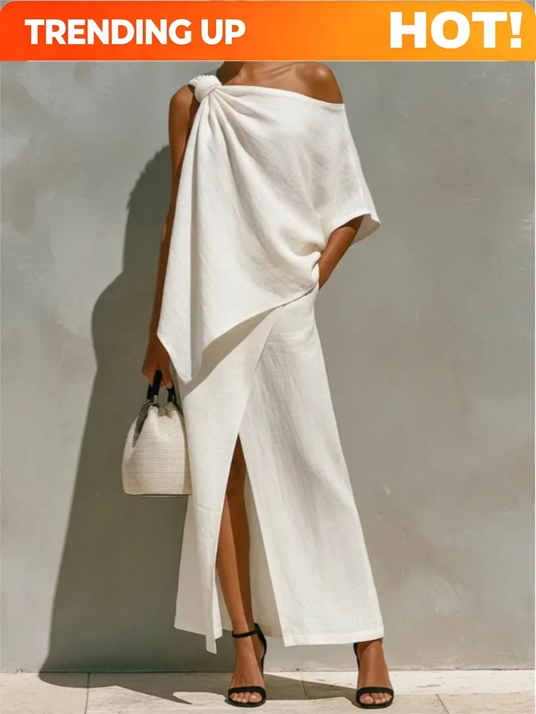 Summer Solid Irregular Two Piece Set Women Off Shoulder Knotted Top & High Slit Maxi Skirt Suit Elegant Casual Vacation Outfits