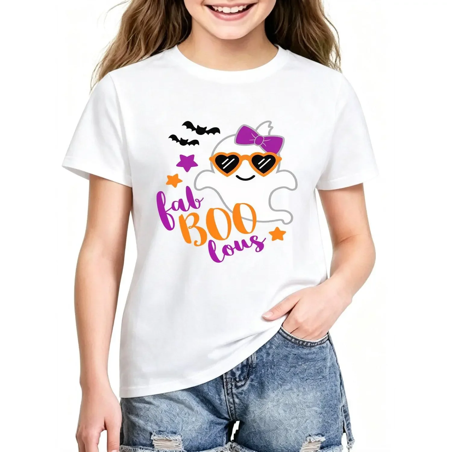 Girls T-shirts Summer Fashion Short Sleeve Top with Boo Glasses Bow Halloween Ghost Cartoon Print Casual Versatile Tee Shirt for Girls