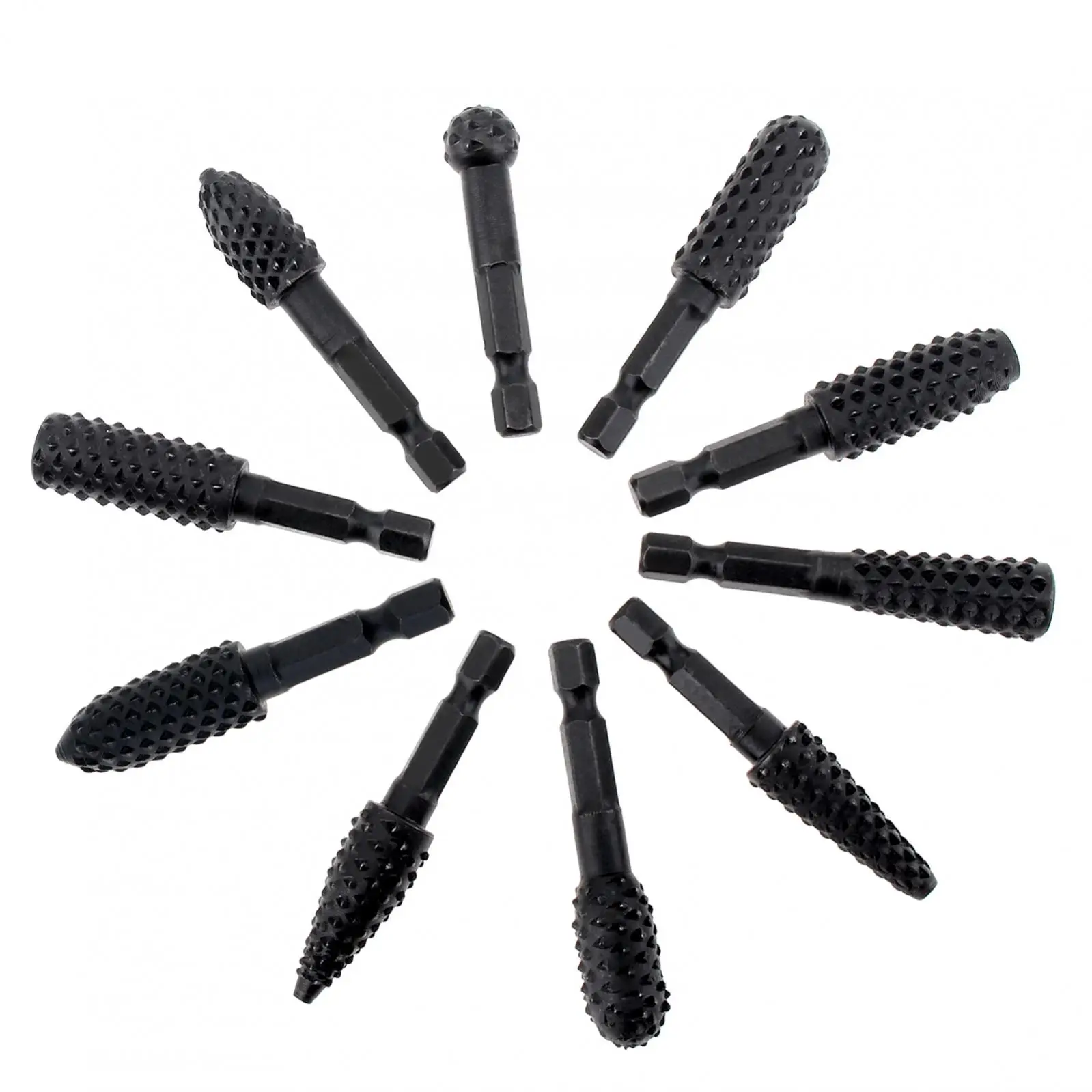 10pcs/set Rotary Burr Wood Carving Rasp Files Set for Deburring / Shaping / Grooving Woodworking Tool with 1/4-Inch Hex Shank