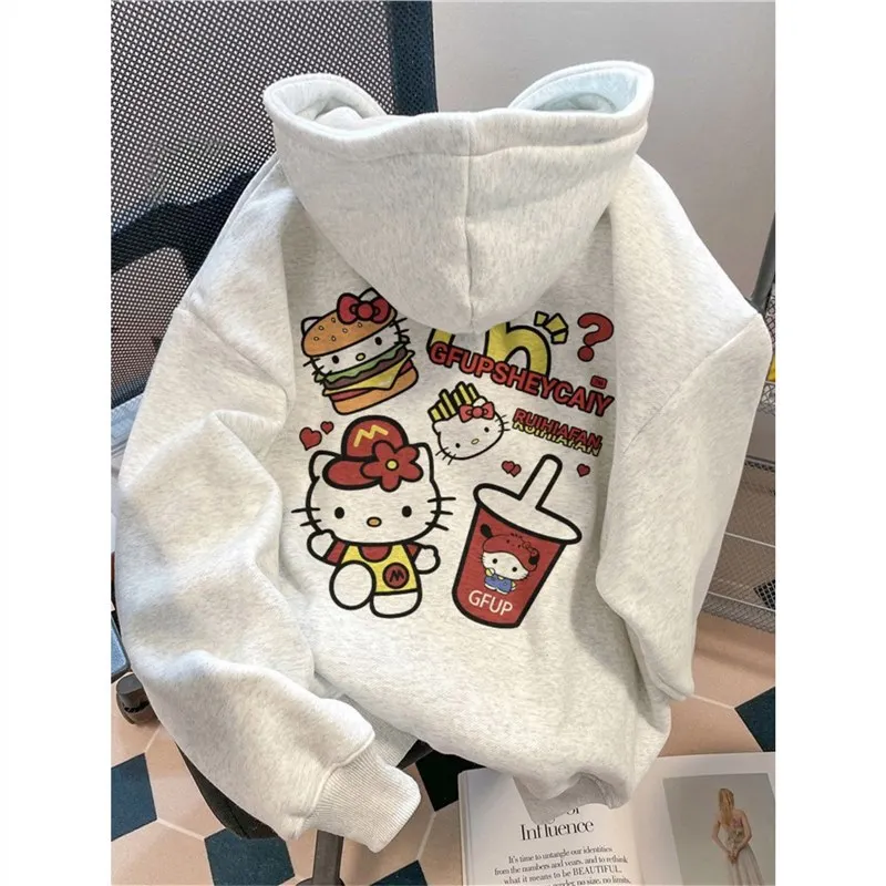 Sanrio Cartoon Hamburger Hello Kitty Hoodies Sweatshirts Anime Kawaii Men Women Autumn Winter Loose Casual Tops Gift