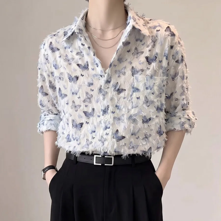 Luxury Elegant Butterfly Jacquard Shirts for Man Nightclub Dance Prom Tassel Long Sleeve Men Shirt Button Up Loose Blouse Tops