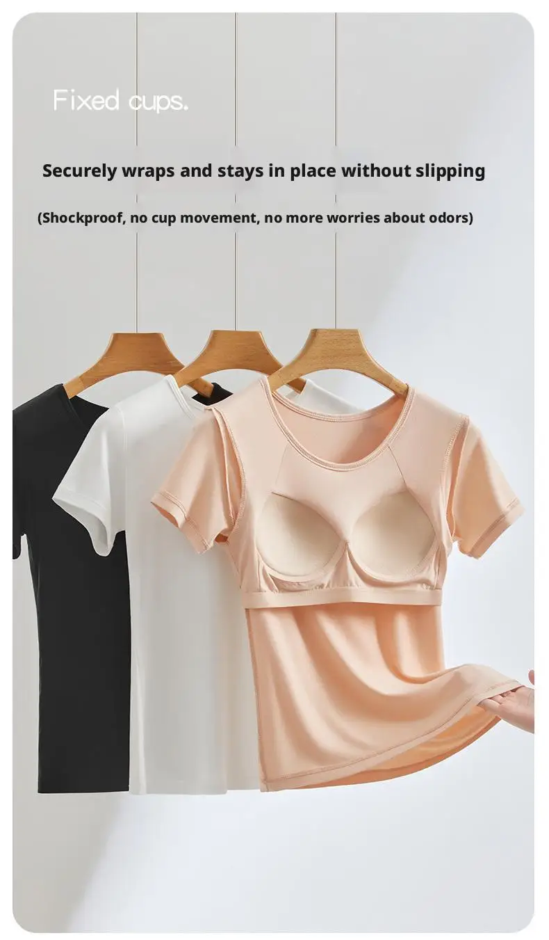 Ubowen Für 40-90 kg große Frauen, Übergrößen-T-Shirt mit kurzen Ärmeln, integriertem BH, Rundhalsausschnitt und festem Körbchen. – Detail 13