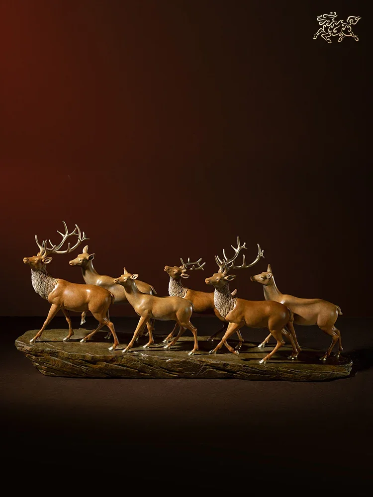 Copper Crafts Double Fortune 6pcs Deer Sculptures Home Office Room Fengshui Decoration Art Collection Home Ornaments Gifts