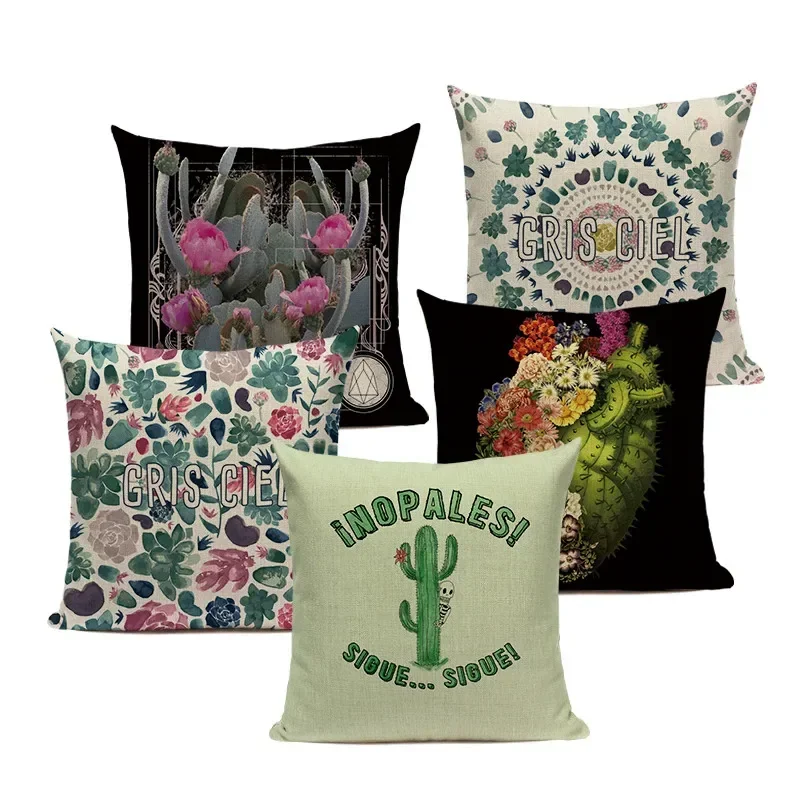 Nordic Style Cactus Plants Pattern Pillow Cover Modern Flowers Cushion Cover for Sofa Bed Green Plants Throw Pillowcase