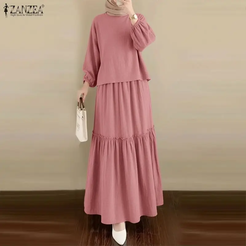 

2026 ZANZEA Elegant Women Muslim 2 Piece Sets Long Sleeve Tops Dress Suit Solid Outfits Dubai Hijab Tracksuit A Line Skirt Sets