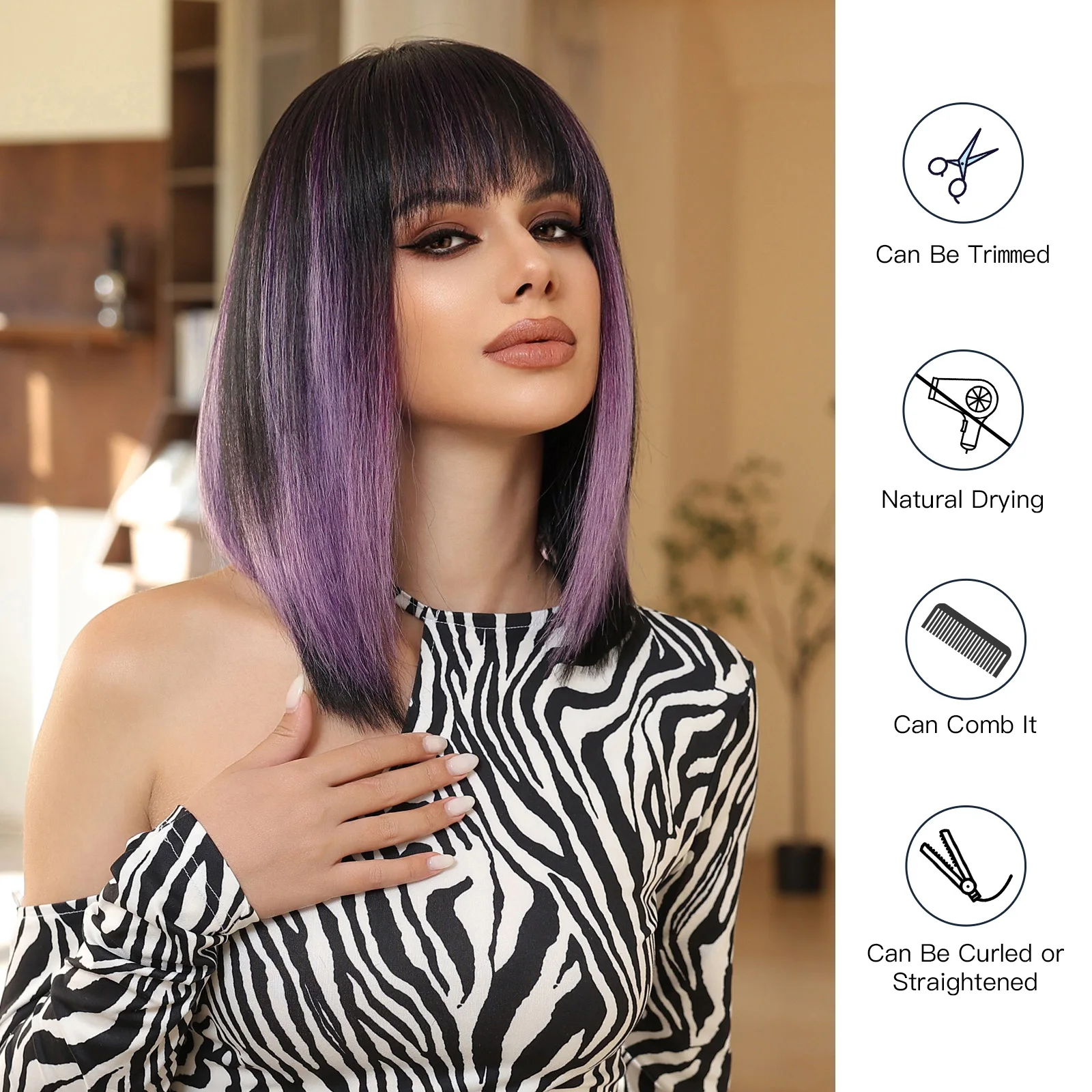 Modiis Ferre-Perruques Bob Synthétiques Courtes et Lisses pour Femme, Cheveux Naturels avec Frange, Noir, Violet, Ombre, Cosplay Party, Fibre