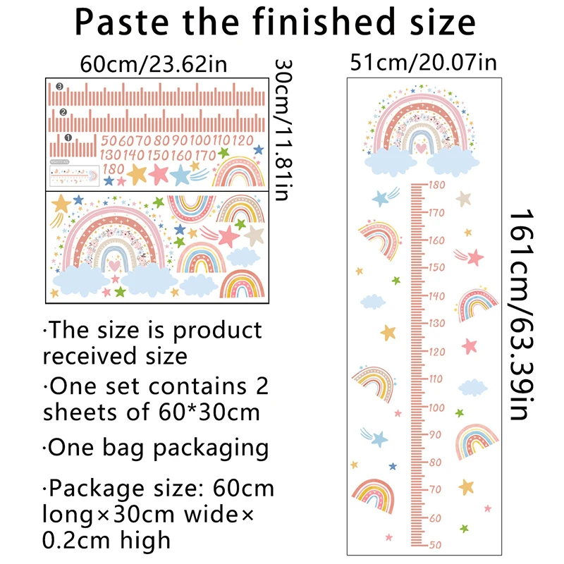 Pink Rainbow Growth Chart For Kids Wall Stickers Measure Height Children Ruler Nursery Room Decor Art Girl