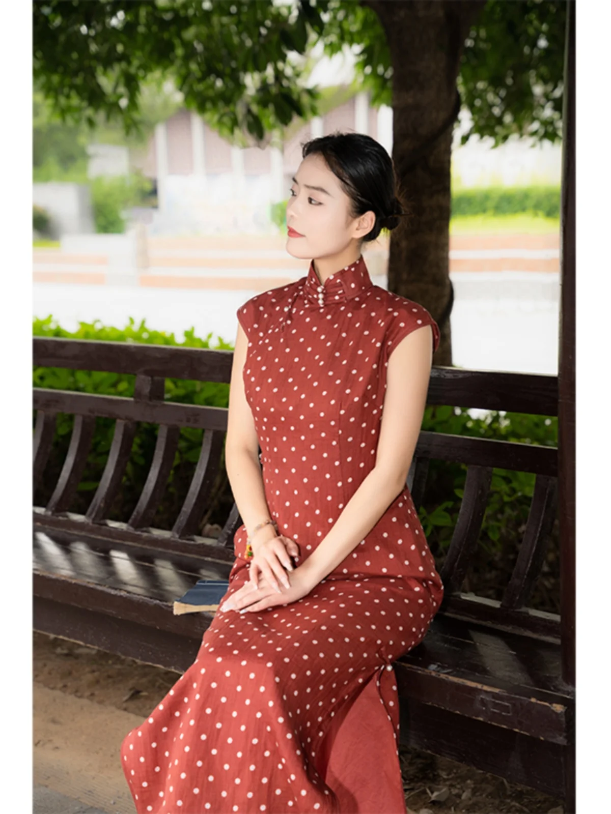 Classic Long Dr Red round Dot Linen Mixed Fabric Breathable Low Slit Chinese Sle Long Skirt with ould...