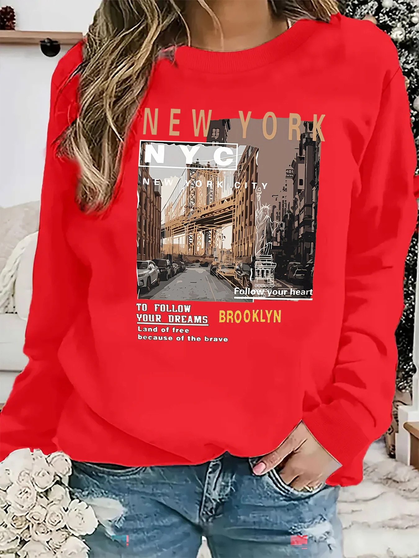 Pullover da donna autunno e inverno casual ampio, confortevole, caldo, con motivo New York City stampato, girocollo, maniche lunghe
