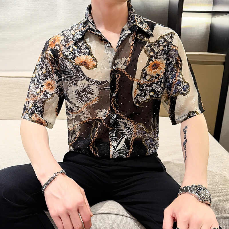 Luxury See Through Lace Men Floral Shirts Elegant Flower Printed Short Sleeve Man Shirt Fashion Stage Party Chemise Homme 4XL