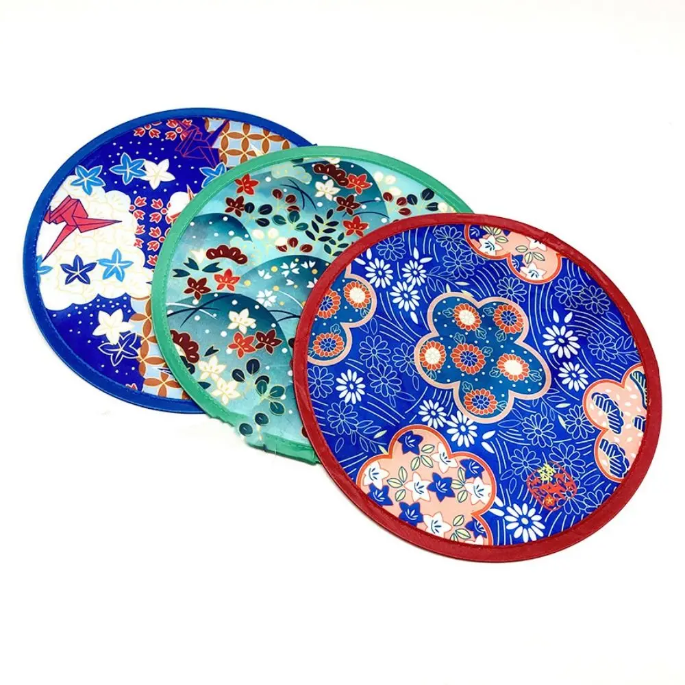 Japanese Style Portable with Pocket Nylon Round for Beach Lawn Folding Fans Flying Disk Kid Outdoor Hand Fan