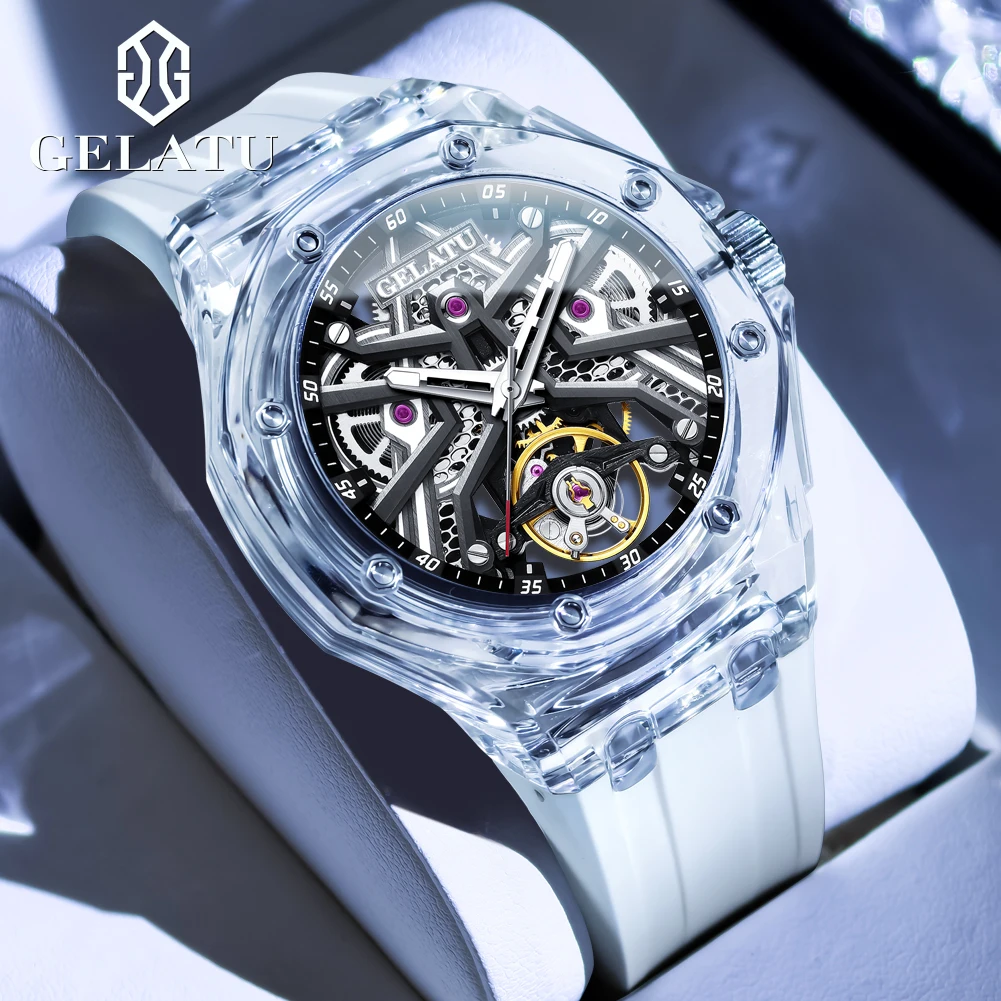 GELATU 8002 Automatic Watches for Men Fully Transparent Hollowed Man Watch High-end Luxury Brand Original Mechanical Wristwatch