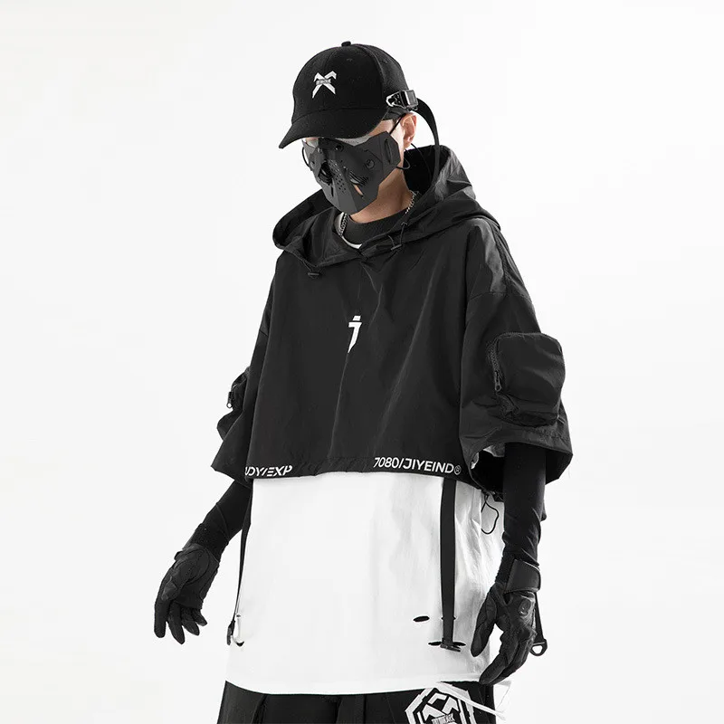 2026 Techwear Style Hip Hop Cropped Jacket Pullover Mens Punk Motorcycle Hooded Cloak Multi-pockets Jaqueta