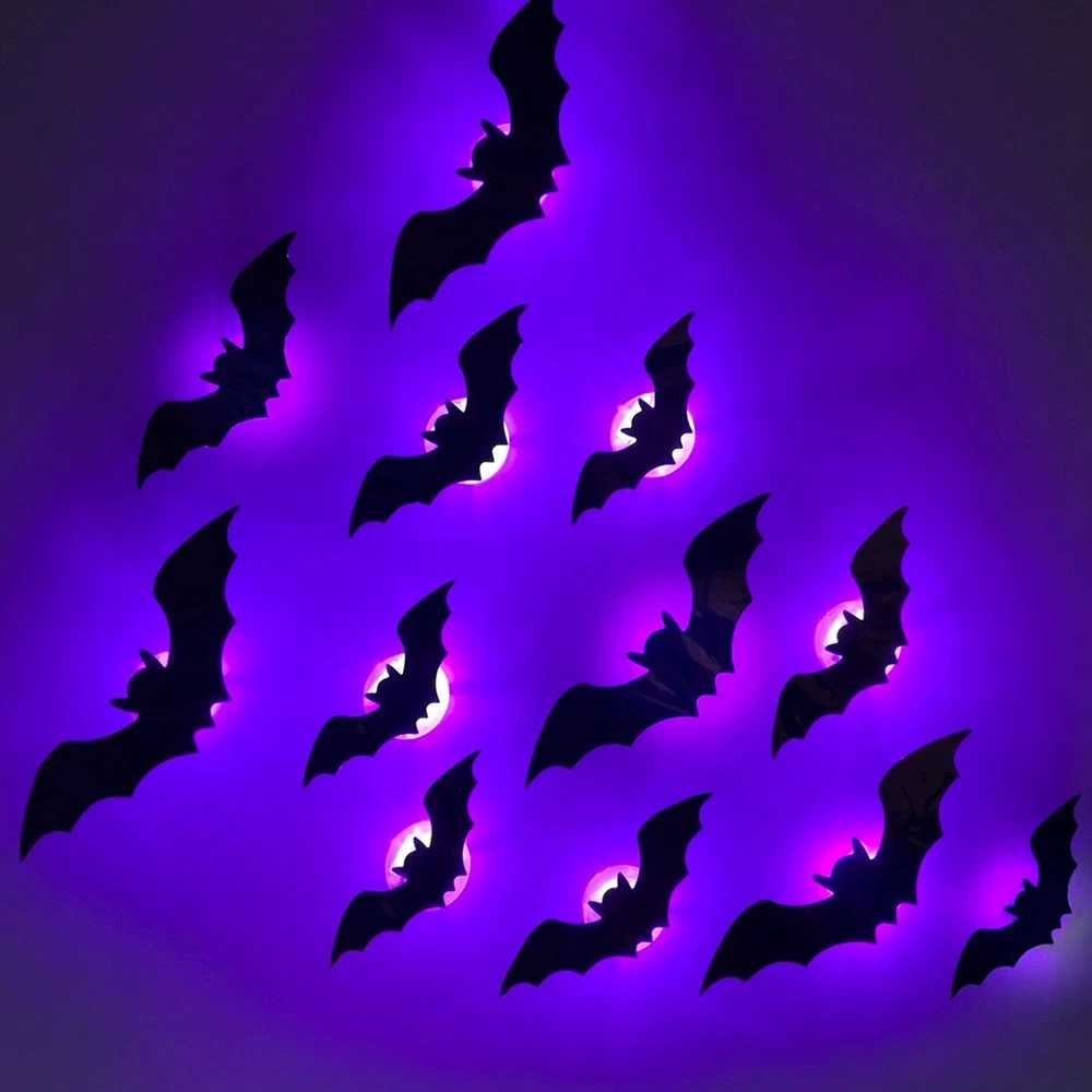 12/24 peças Novo Adesivo de Parede LED de Morcego Estereoscópico PET para Decoração de Festa de Halloween