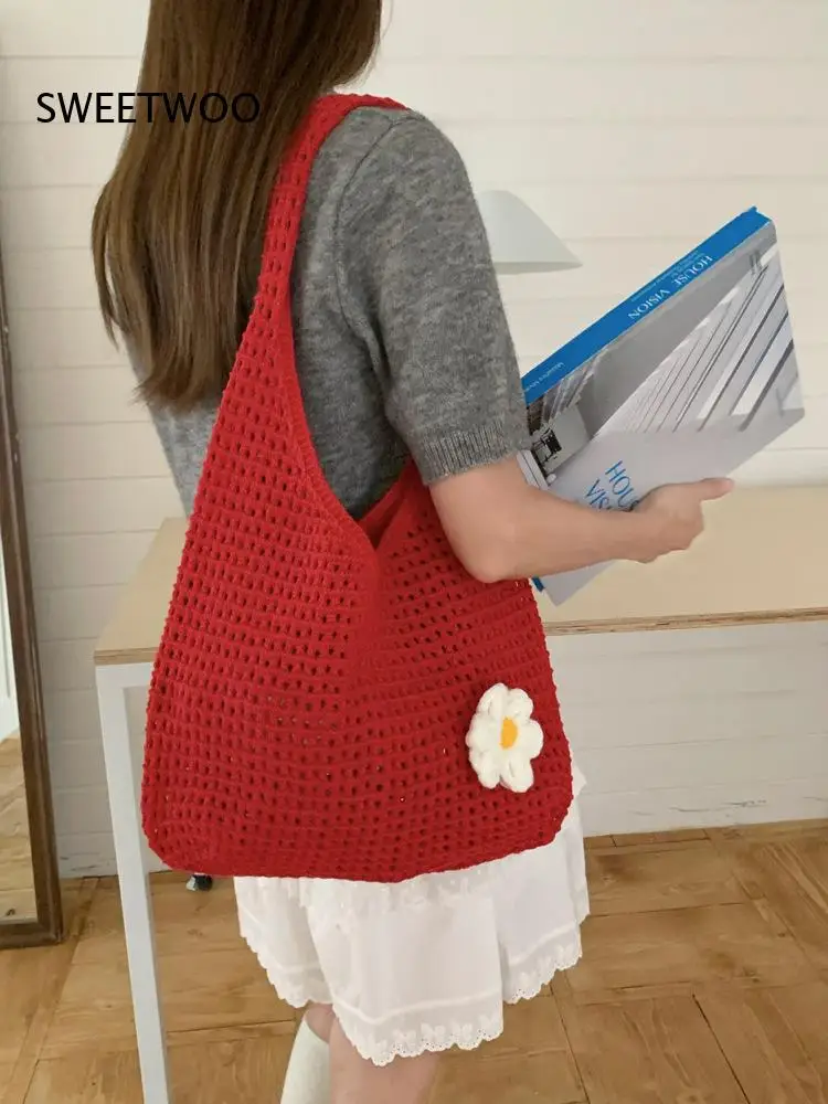 2026 Hollow Flower Knit Mesh Shoulder Bag Detachable Floral Ornament Multi Pastel Tone Casual Korean Women Storage Purse