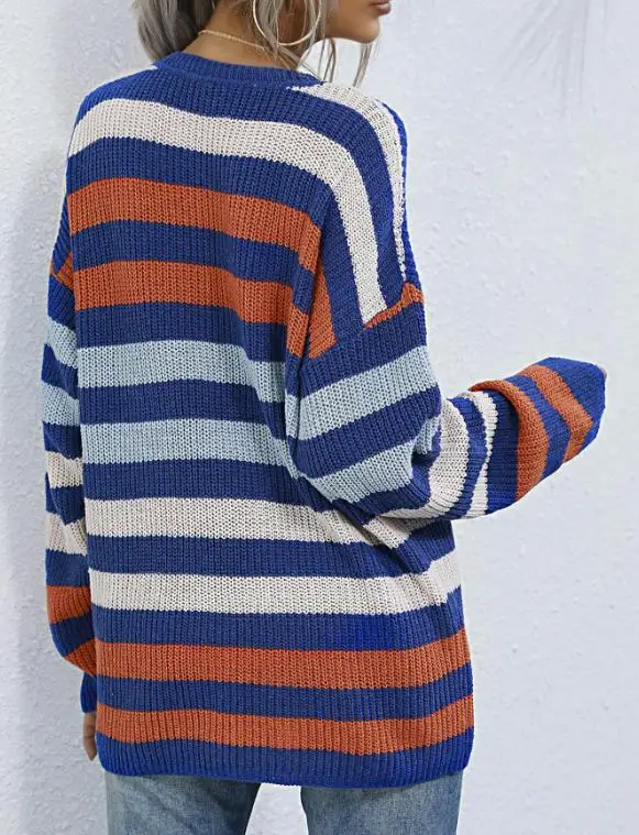 

Women's Mid-Length Autumn Sweater Loose Striped round Neck Long-Sleeved Knit Base Layer for Cool Weather