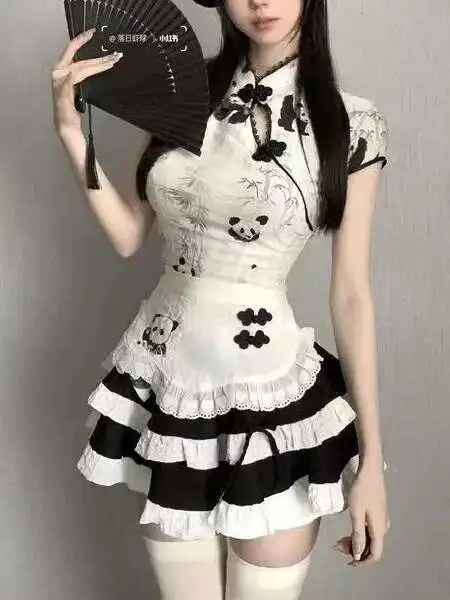 Sexy Maid Sex Anzug Uniform Cheongsam Nette Chinesische Panda Drucken Uniform Kleid Elegante Mode Süße Frauen Mini Kleid Top I5IX