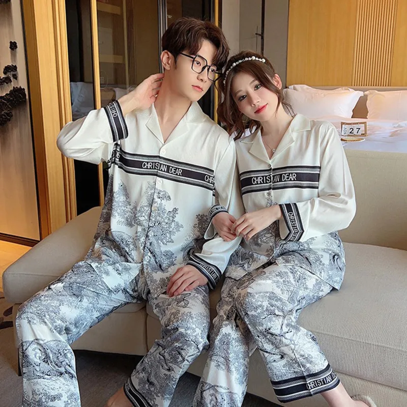 

2025 Spring Autumn Luxury Couple Pajamas Women Ice Silk Two Piece Set Ink Tiger Long Sleeve Pants Nightgown Sleepwear Homewear