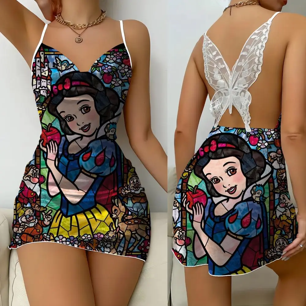 Vrouwen Disney Sneeuwwitje Print Sexy Nachthemd Satijn Vrouwen Kant Vlinder Nachtjapon Mini Nachthemd Thuis Kleding