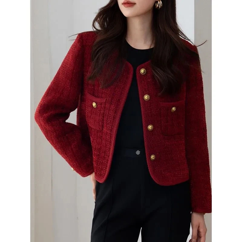 Spring Autumn Women French Temperament Socialite Wine Red Small Fragrant Coat Female New Retro Style Short Small Fragrant Jacke