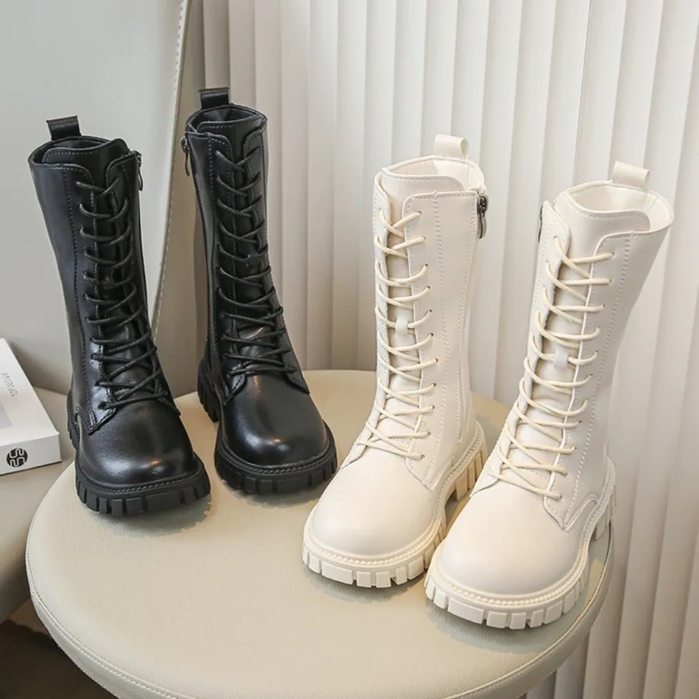 Kids Autumn Winter Warm Shoes for Girls Knee-high Boots PU leather Zipper Closure Non-slip Rubber Sole Children's Fashion Boots