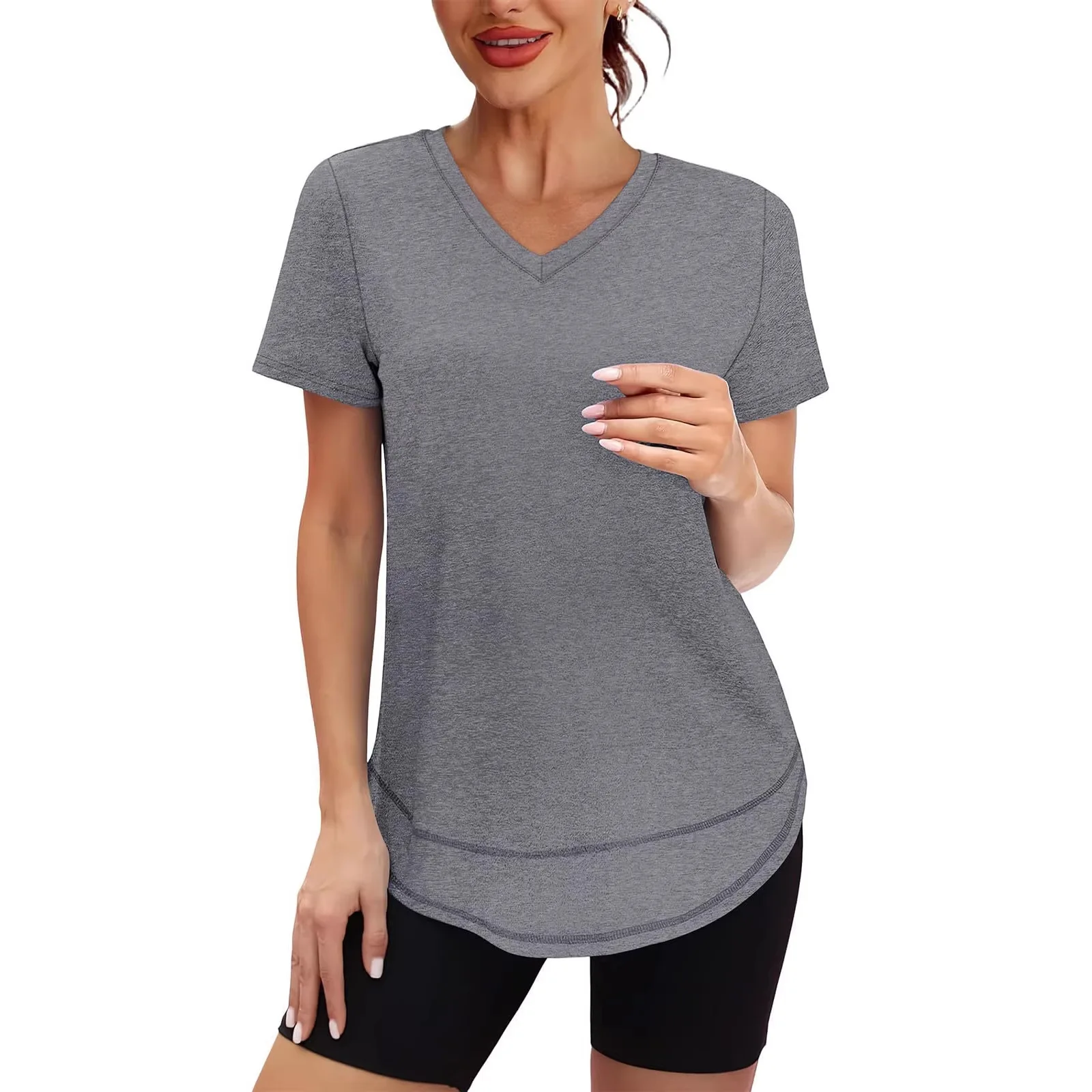 2026 Summer V-neck Sports Quick-drying Solid Color T-shirt Short-sleeved Running Fitness Undershirt Women's Clothing
