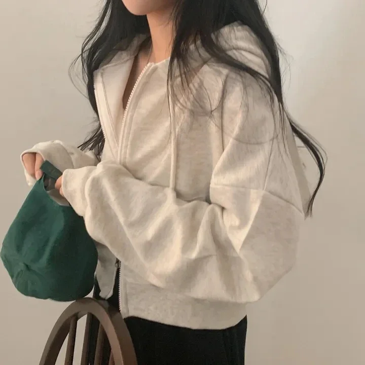 All-Matching Hood Double Open Zip-up Design Loose Casual Long sleeve Short Hoodie Outerwear Women clothing Y2k Top