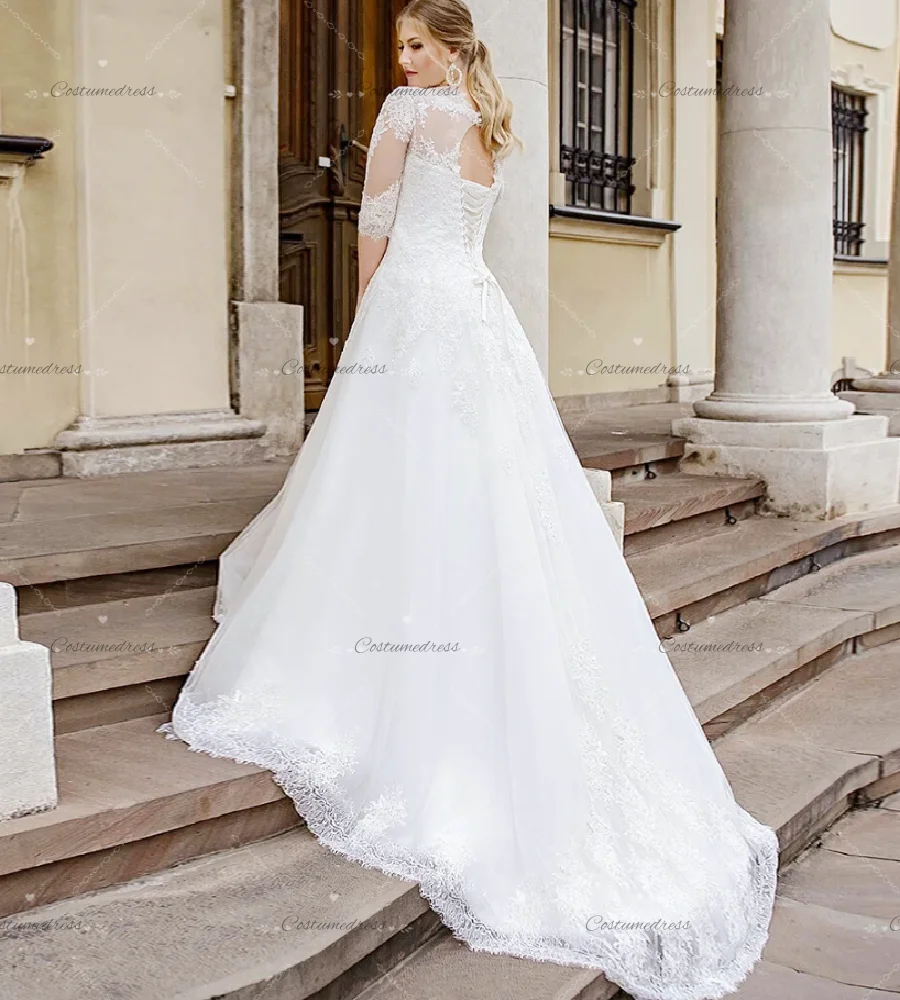 Plus Size Brautkleid mit offenem Rücken 2026, halbe Ärmel, Spitze, böhmisches Gartenbrautkleid, A-Linie, kurviges Tüll-Landbrautkleid