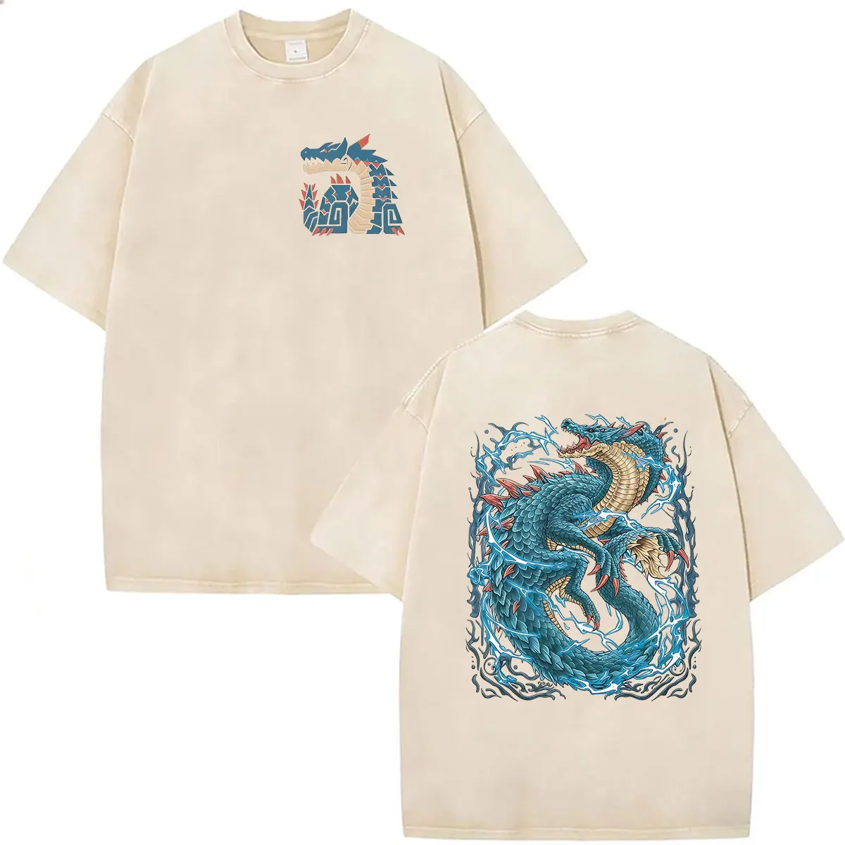 Vintage Washed Monster Hunter Lagiacrus The Lord of The Seas Game Fans T-Shirts Herren Damen Kleidung Mode Kurzarm-T-Shirt – Detail 3