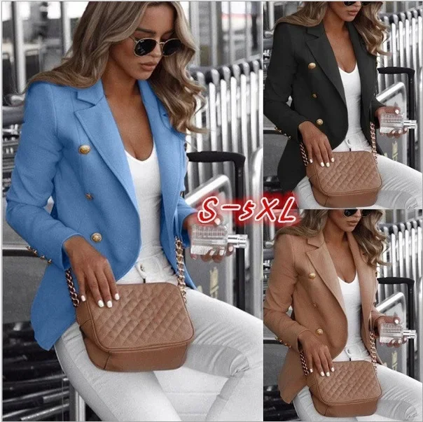 Chaqueta de traje pequeña con doble botonadura y manga larga de Color puro, gran oferta de otoño, ropa de negocios de fibra de poliéster a la moda para mujer