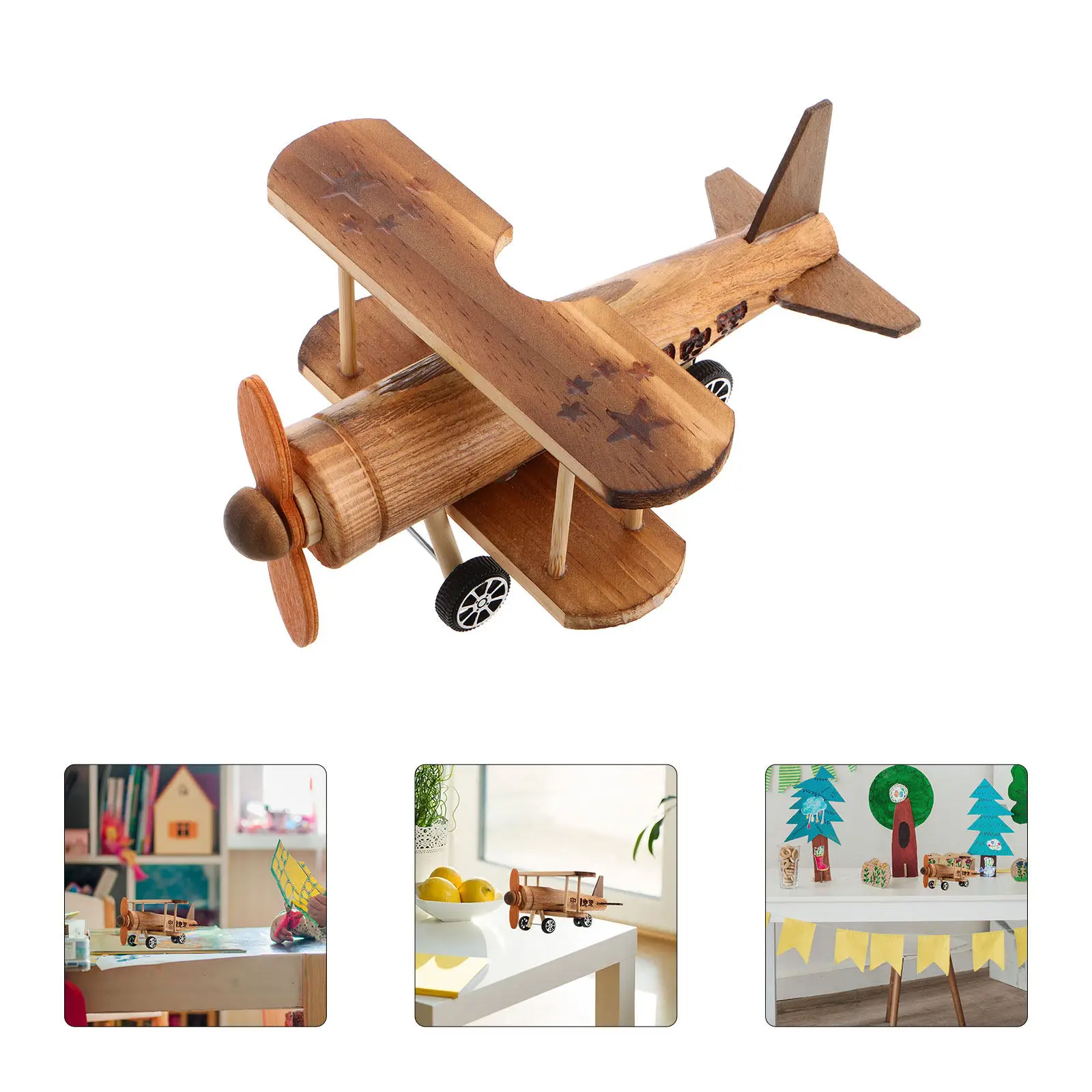 

Mini Wooden Airplane Vintage Retro Biplane Ornament Handmade Precision Wooden Aircraft Office Desk Decoration