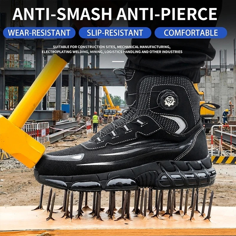 Unisex High Top Mesh Upper TPU Sole Rotary Buckle Steel Toe Anti-Puncture Shockproof Work Shoes for Factory