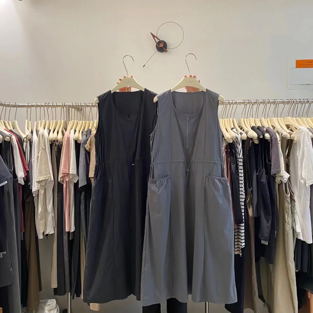 

plus Size Summer Dress Women's Loose Cover up Sleeveless Vest Skirt Vintage Drawstring Zipper A-Line Midi Dress Casual Wear