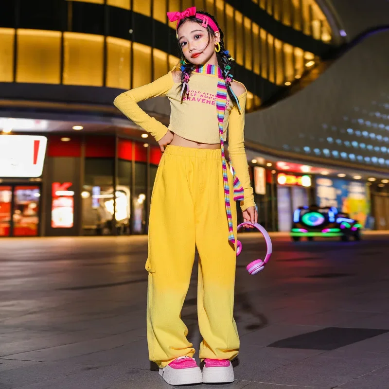 

Girls Hip Hop Jazz Clothes Sets Off Shoulder Letter Crop Top + Gradient Pants Children Performance Catwalk Street Dance Costumes