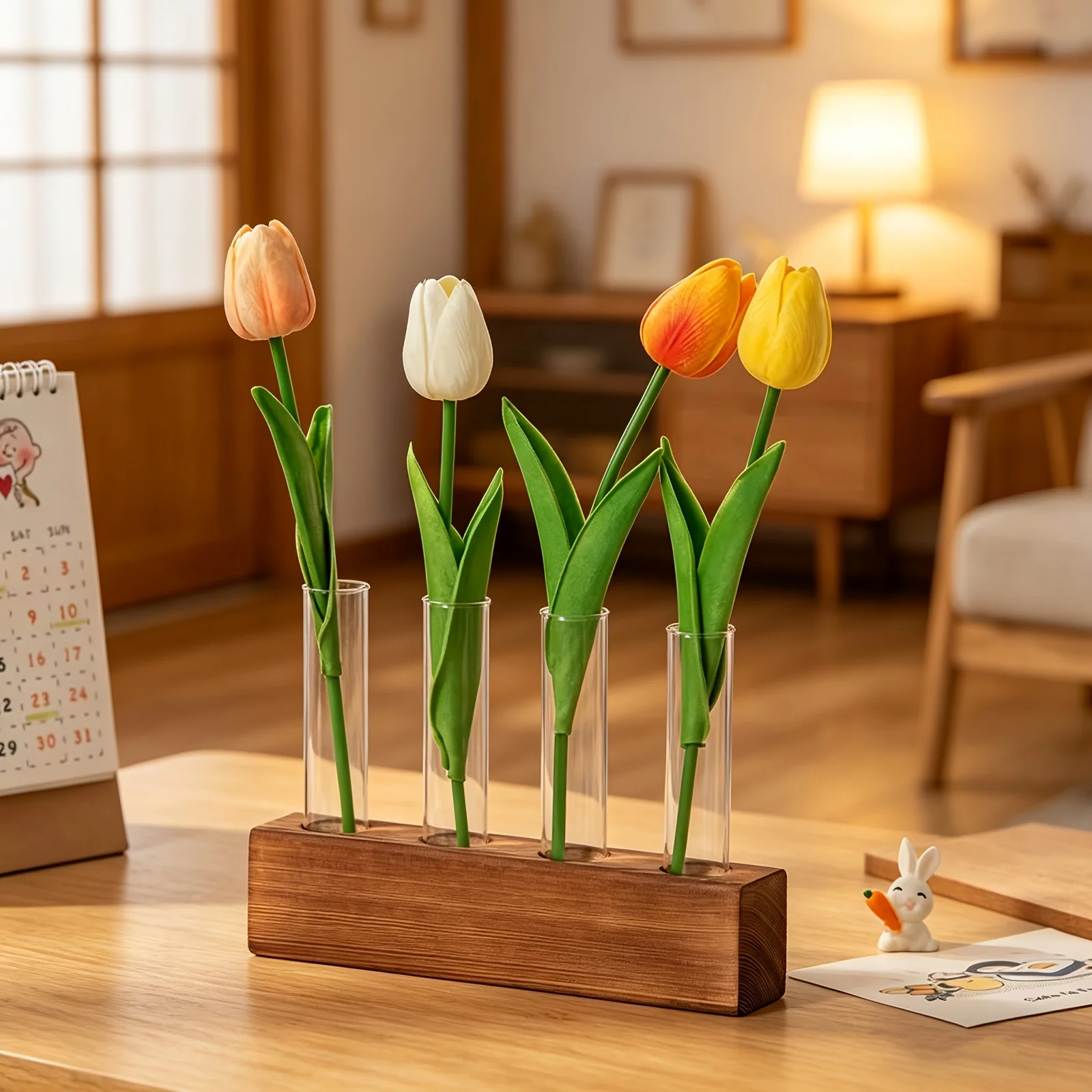 Rustic Wood Hydroponic Vase with 4 Glass Tubes, for Indoor Plants,Tabletop Flower Arranger&Home Decor Gift