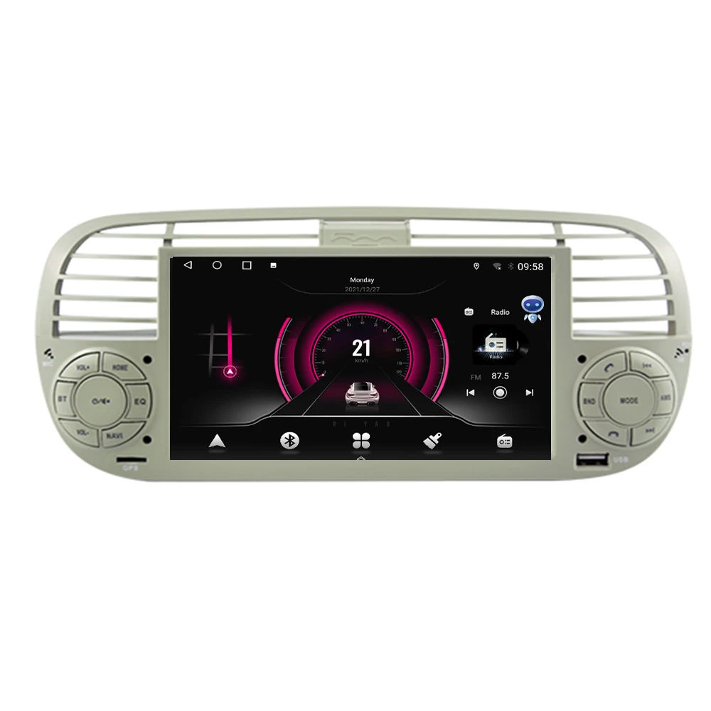 راديو سيارة أندرويد 7 بوصة لشركة فيات 500 2007-2015 أندرويد 14 Carplay نظام تحديد المواقع والملاحة مشغل وسائط متعددة أبيض أسود