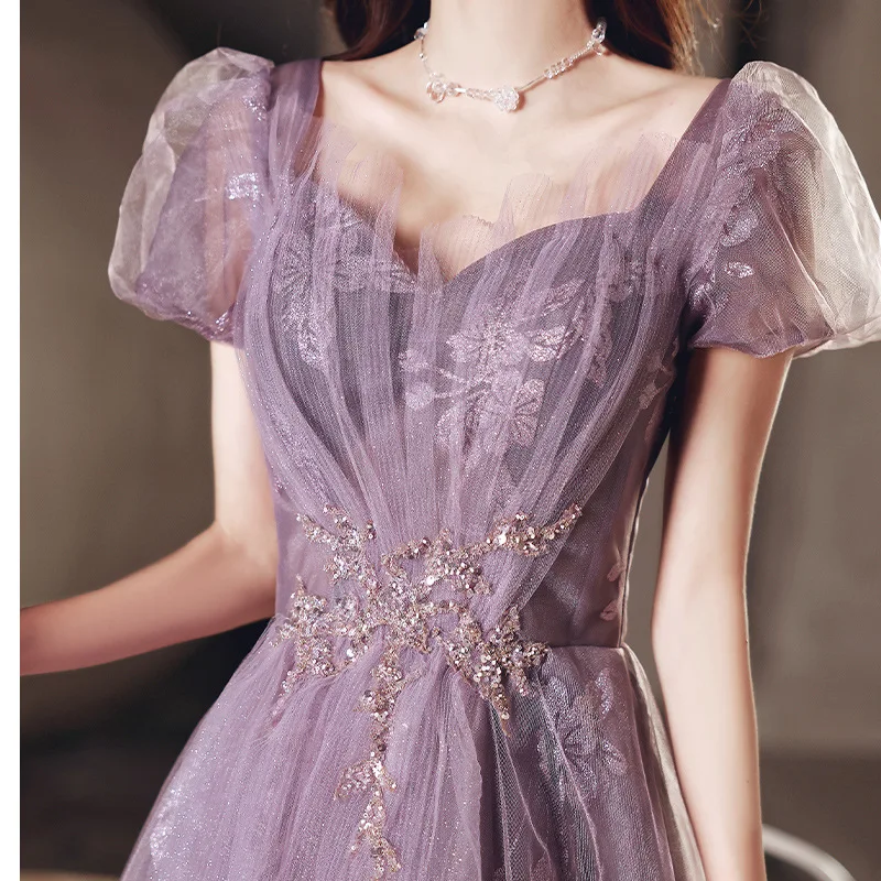 Purple Sexy Sequins Applique Puff Sleeve Back Bandage A-Line Evening Dress Bride Bridesmaid Wedding Tulle Prom Gowns Vestidos