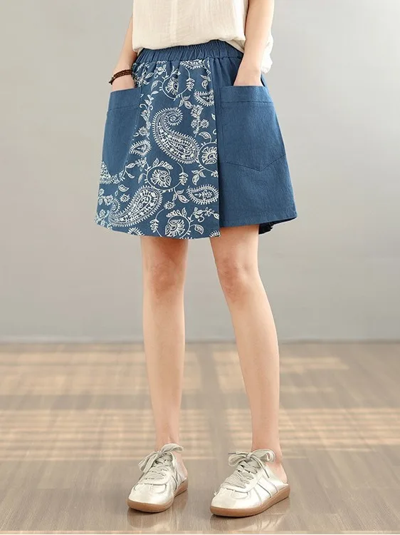 

Summer New plus Size Women's Wide Leg Short Jeans Floral Print Elastic Waist Five-Quarter Length Fake Two-Piece Skirt Pants