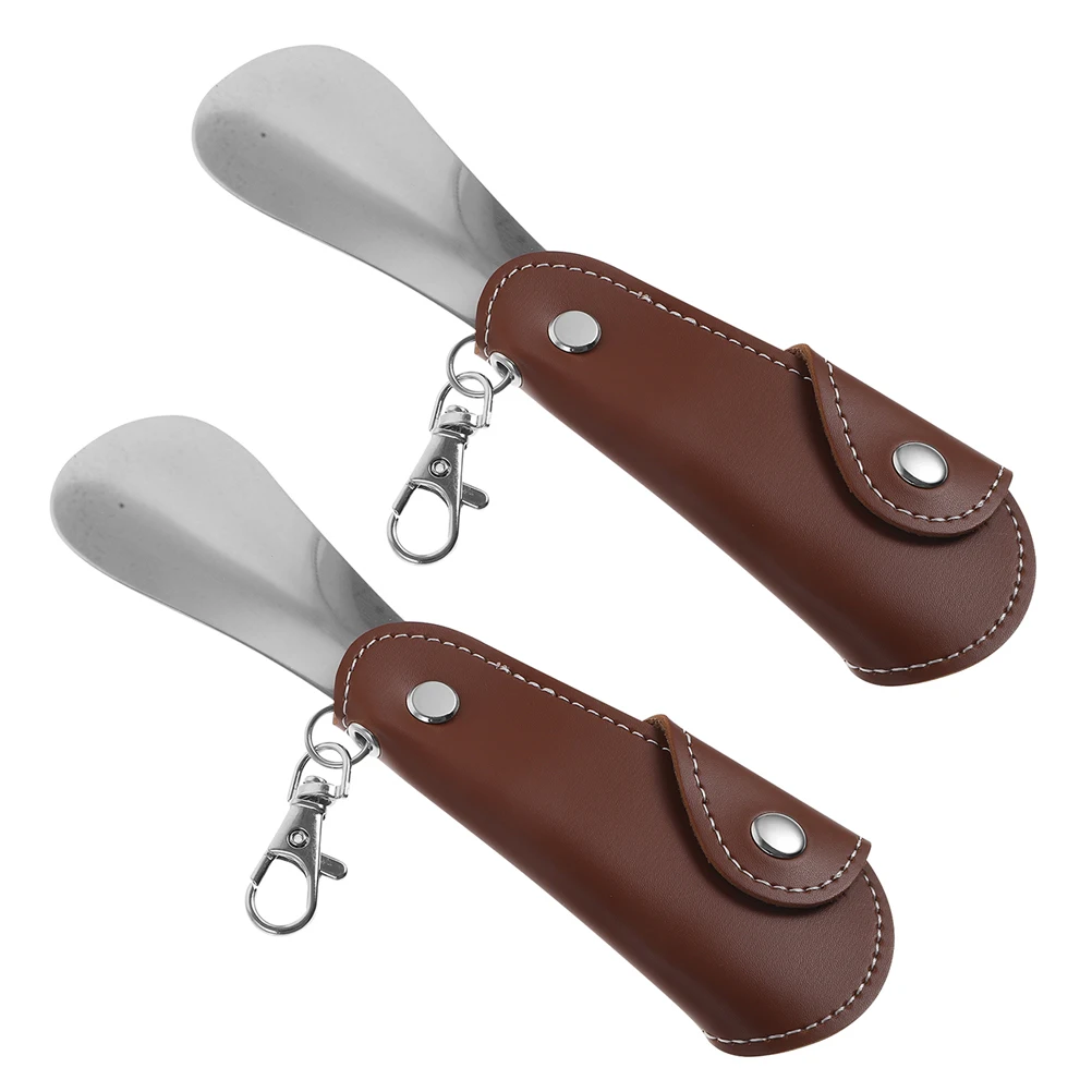 

2pcs Folding Horn Keychain Stainless Steel Portable Travel Shoe Lifter Light Brown Long Handle Shoe Helper Boot Pull