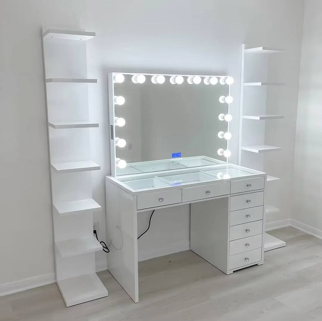 *White Modern Wood Panel Vanity Table with LED for Mirror Drawers and Charging Station for Small Bedroom & School 5