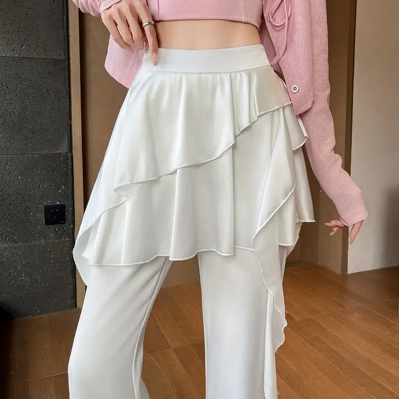 Lotus Leaf Ruffle Fake Two Piece Micro Flare Pants Women's High Waist Pleated Slimming Casual Horseshoe Pants